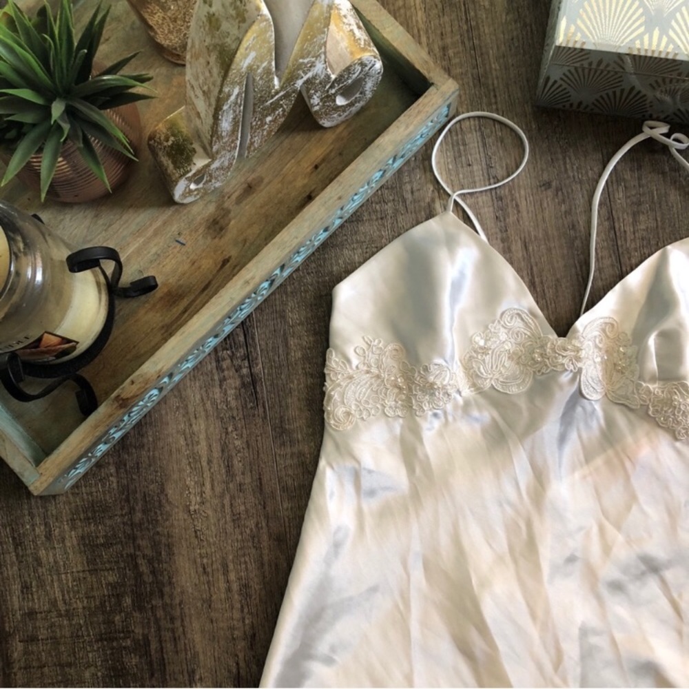 Victoria's Secret Ivory Satin Slip Chemise with Lace Trim